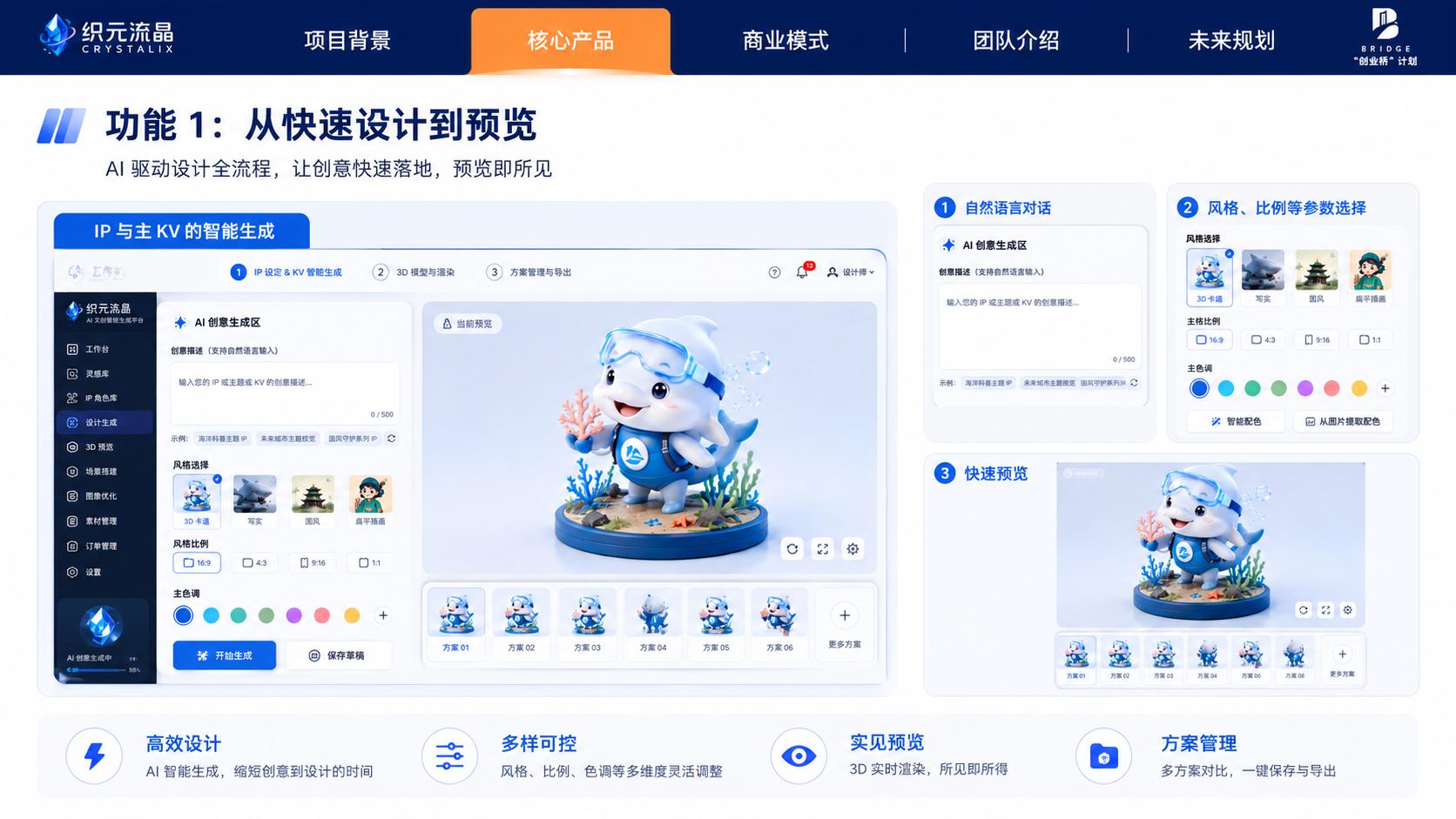 CRYSTALIX AI 文创平台从自然语言输入到设计生成和三维预览的界面